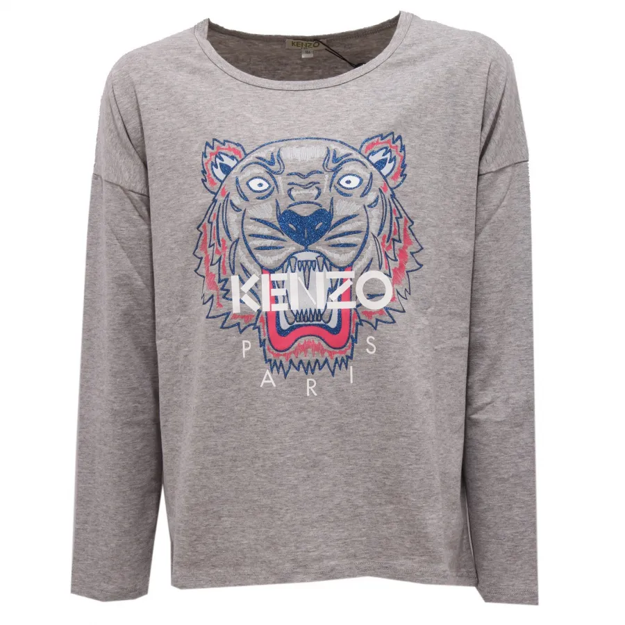 4602Z maglia bimba GIRL KENZO KIDS grey multicolor cotton t-shirt long sleeve