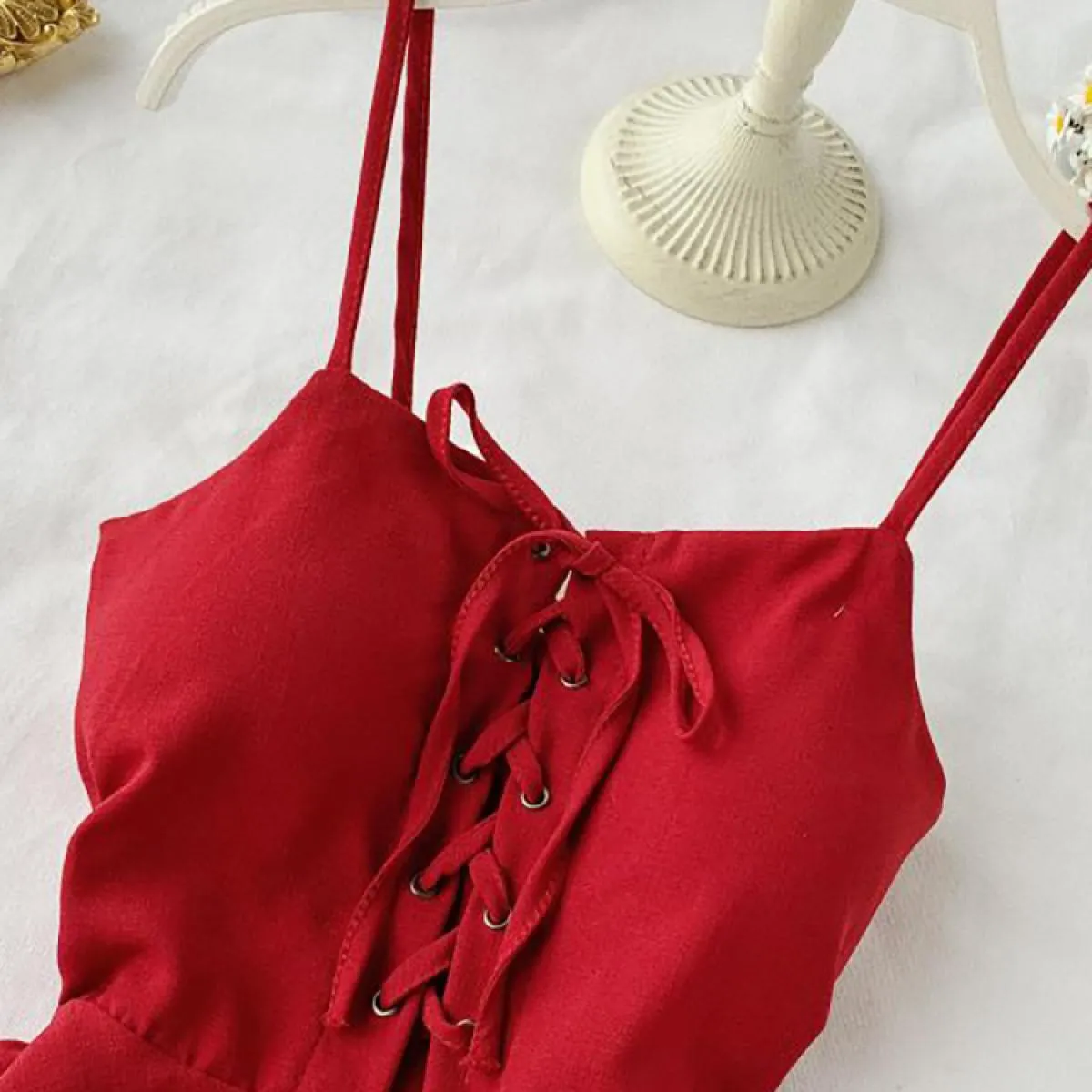 Abito estivo da donna con orlo irregolare da spiaggia, mini abito, abiti senza maniche, vita alta, coulisse, rosso/verde