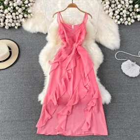 Abito estivo da donna con volant a cascata con scollo a V, vestido senza maniche, rosa/verde, abiti slim midi con fasciatura, sp