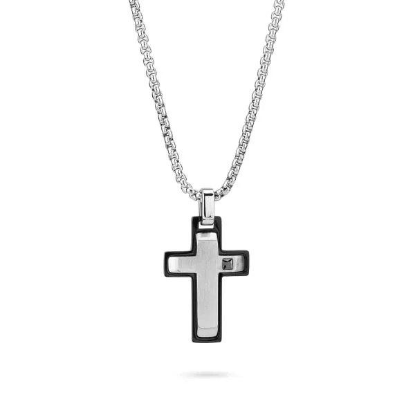 AGR251N Collana uomo con pendente in Pvd nero e croce in acciaio con zircone nero    