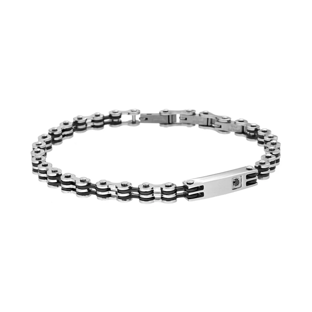 Bracciale Catena Bicicletta con Targa e Zircone Nero in ACCIAIO