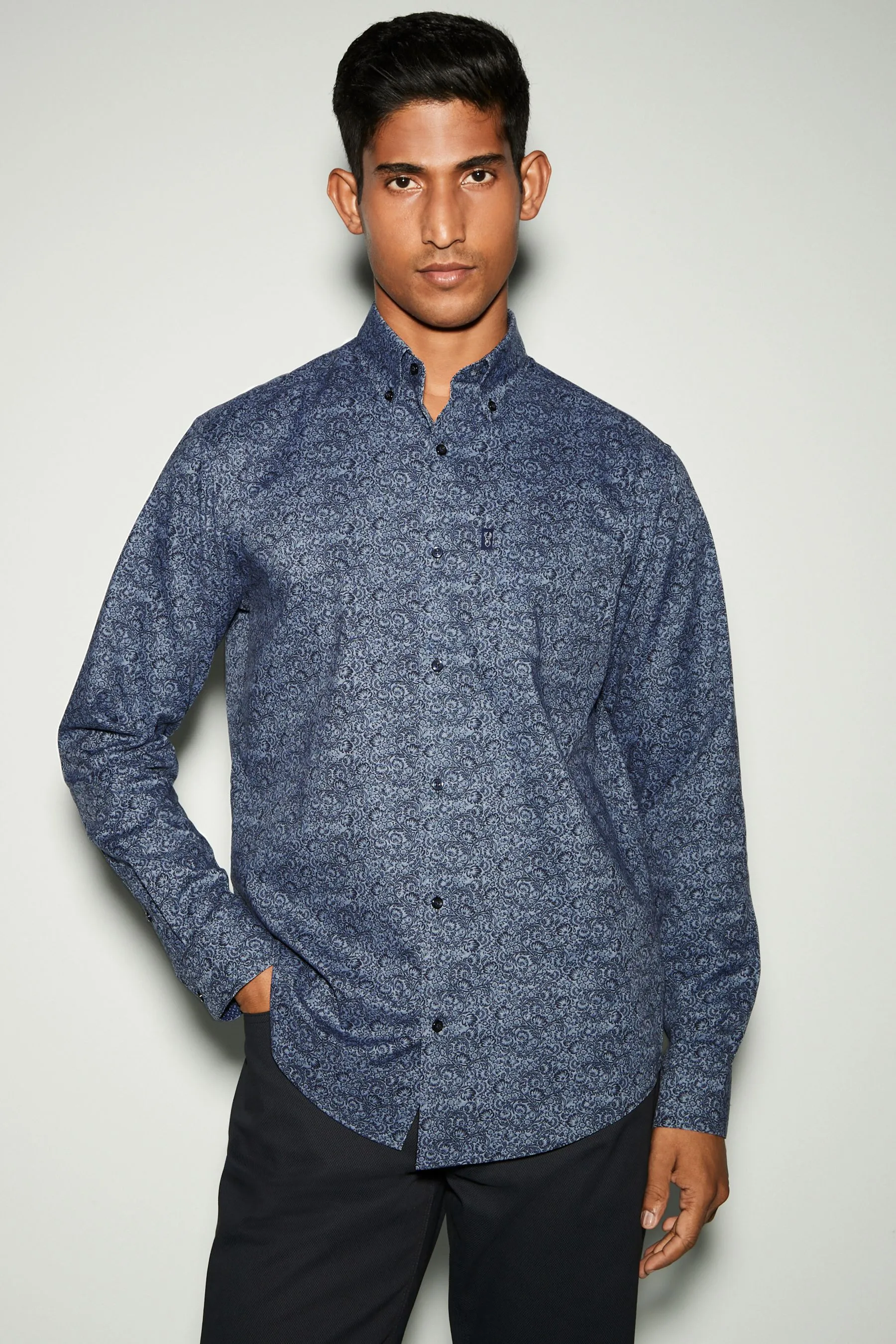 Easy Iron Long Sleeve Single Cuff Printed Oxford Shirt    