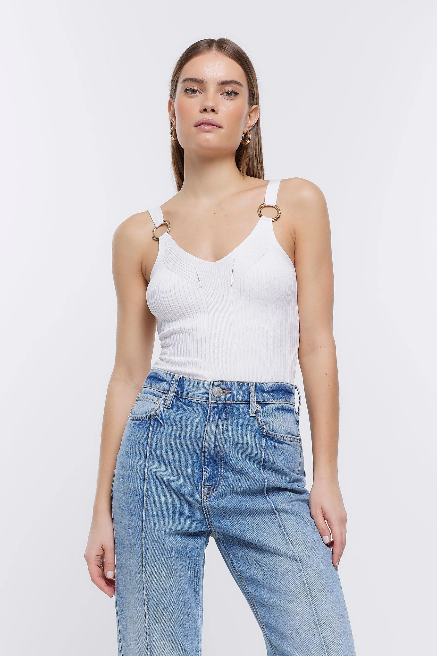 River Island Bianco - Canotta a coste con dettagli in dettaglio    